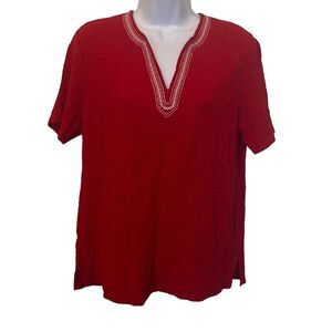 Cathy Daniels Red White Embroidered VNeck Short Sleeve Crepe Blouse Medium Boho